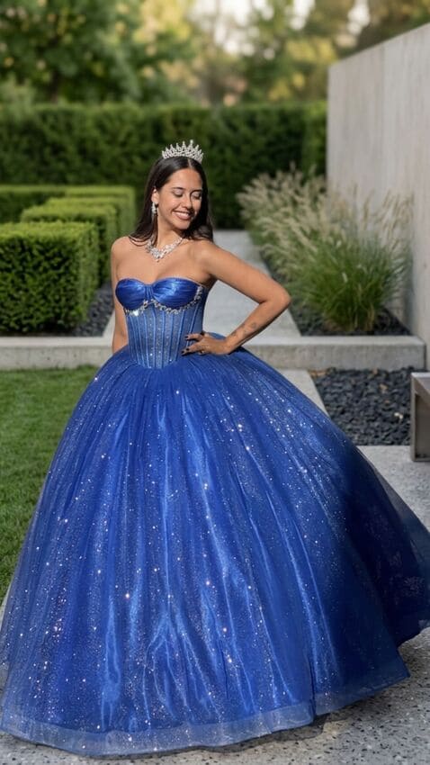 Vestido de 15 azul brillante con falda amplia estilo princesa y corset strapless estructurado, usado en exterior urbano.