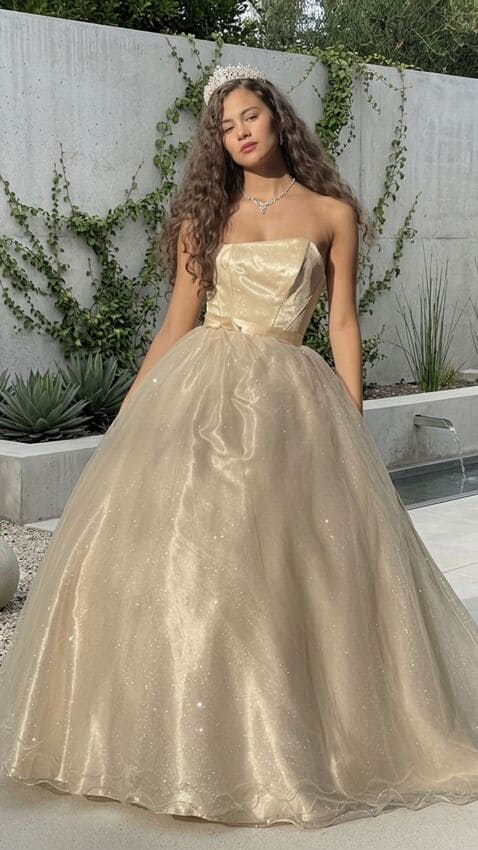 Vestido de quince color champagne con falda voluminosa de tul brillante y corset strapless, usado por una joven con tiara en una calle urbana.